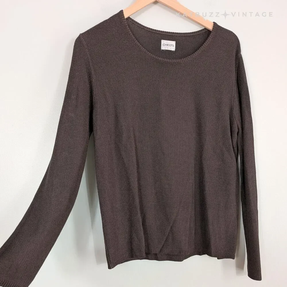 Chicos Open Knit Sweater L Brown Pullover 90s Neutral Classic Work Office Layer